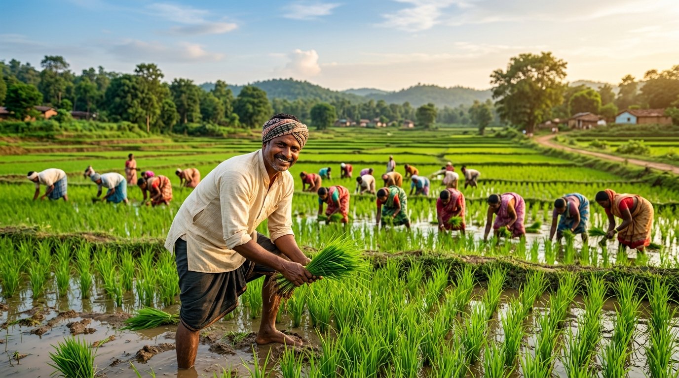 Farmers transplanting rice seedlings in Jamtara paddy fields, Jharkhand