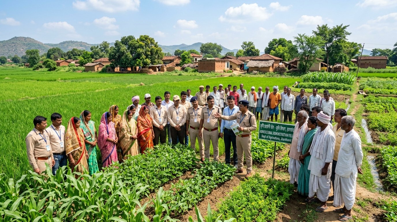 Agricultural officers conducting a training demonstration for farmers in Jharkhand